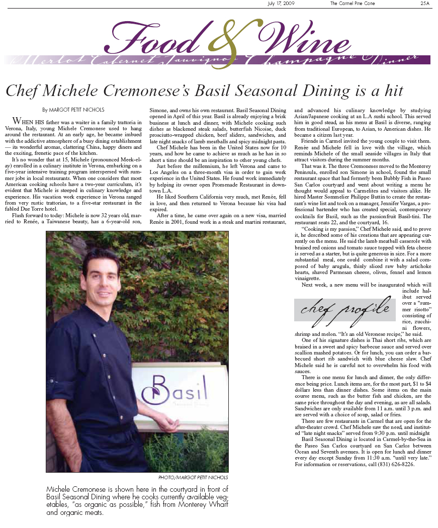 Carmel Pine Cone Article on Basil Restaurant