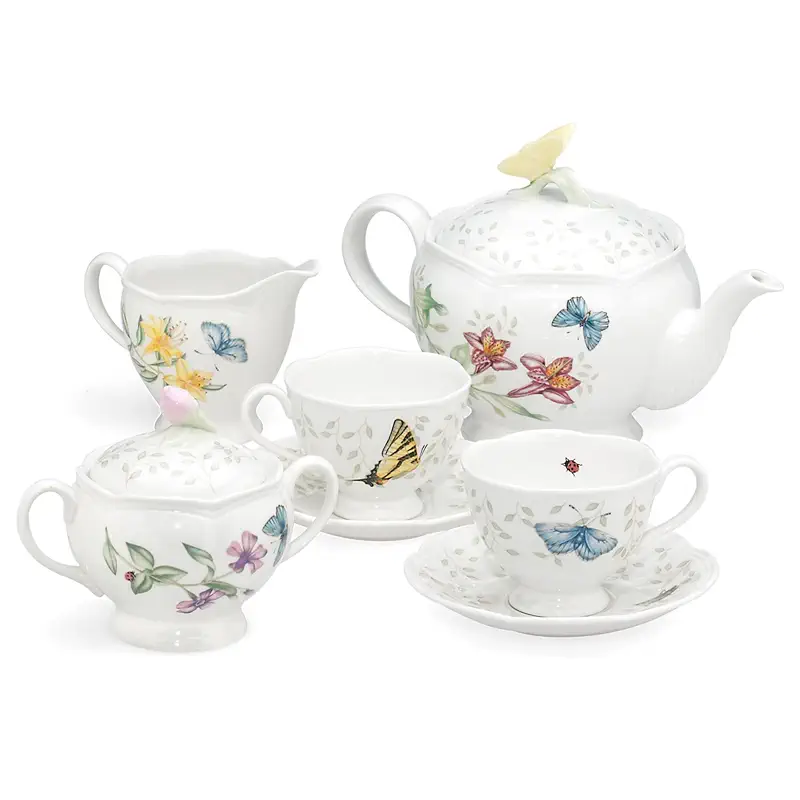 Lenox Butterfly Meadow Porcelain Teapot and Tea Cup Set, 9-Piece, 48oz | dishwasher safe | includes creamer, sugar bowl, 2 teacups, 2 saucers | floral tea party gift | 48oz, gift for women