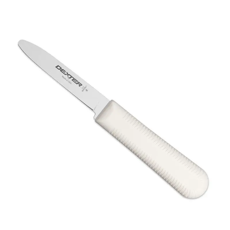 Dexter-Russell S127PCP Sani-Safe 10443 Clam Knife, 3" Narrow High Carbon Stainless Blade, Textured White Polypropylene Slip Resistant Handle, NSF Certified, Shellfish and Seafood Shucking Tool | Narrow high-carbon stainless blade with textured polypropylene grip. NSF certified for shellfish and seafood shucking.