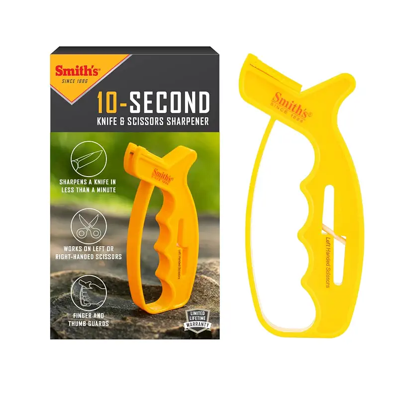 Smith’s JIFF-S 10-Sec Knife & Scissors Sharpener - Right & Left-Handed Scissors - Carbide Blades - Outdoor Sharpener for Pocket, Hunting, Fishing & Kitchen Knives - Handheld Pullover Sharpener