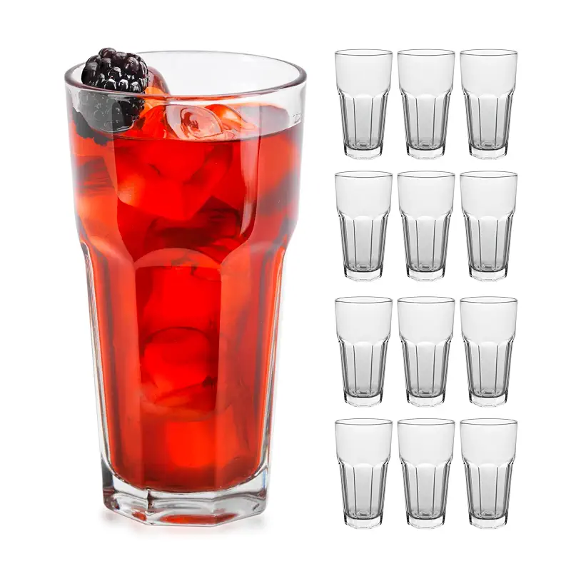 Libbey Gibraltar Glass Tumblers Set of 12, Heavy Base Water Drinking Cups | 16 oz Capacity for Water, Juice, Soda, Cocktails, and More with Faceted Sides and Dishwasher-Safe Cleanup
