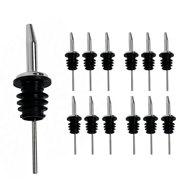 Spill-Stop 285-50 Chrome Tapered Pourer Dispenser, Spouts Liquor Bottle Pourer with Poly-Cork, Black/Silver, 12 Units