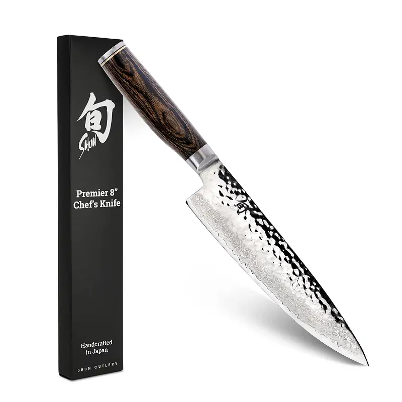Shun Premier 8" Chef's Knife, Handcrafted Japanese Kitchen Knife for Professional and Home Chefs, VG-MAX Core with Damascus Stainless Steel Cladding, Pakkawood Handle | Handcrafted Japanese Kitchen Knife, VG-MAX Core, Damascus Stainless Steel Cladding, Pakkawood Handle