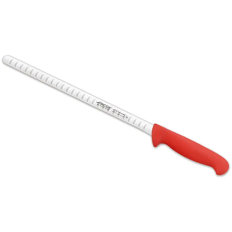 Arcos Salmon Knife/Fish Knife 12 Inch Nitrum Stainless Steel and 300 mm blade. Ergonomic Polypropylene Handle. Series 2900. Features different handle colors to make it easier. Color Red.