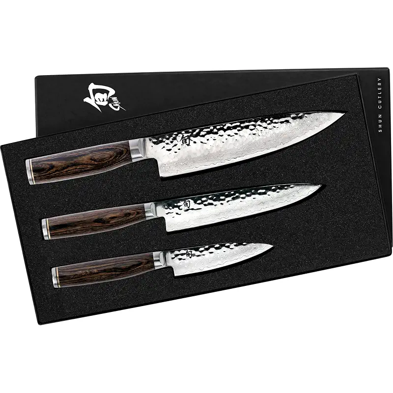 Shun Premier 3 Piece Starter Set | Includes 8" Chef, 4" Paring & 6.5" Utility Knives, VG-MAX Core, Damascus Stainless Steel Cladding, Pakkawood Handle