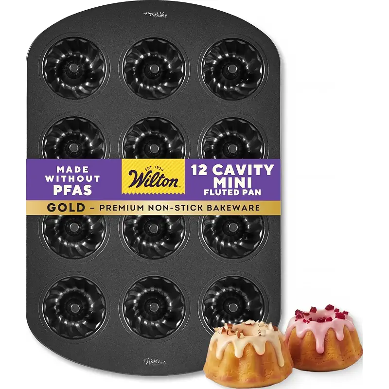 Wilton Gold Non-Stick Mini Fluted Tube Pan, Made Without PFAS, 12-Cavity | Non-Stick Steel with Scratch-Resistant Coating, Resists Warping, Dishwasher Safe, Perfect for Mini Bundts & Fluted Cakes