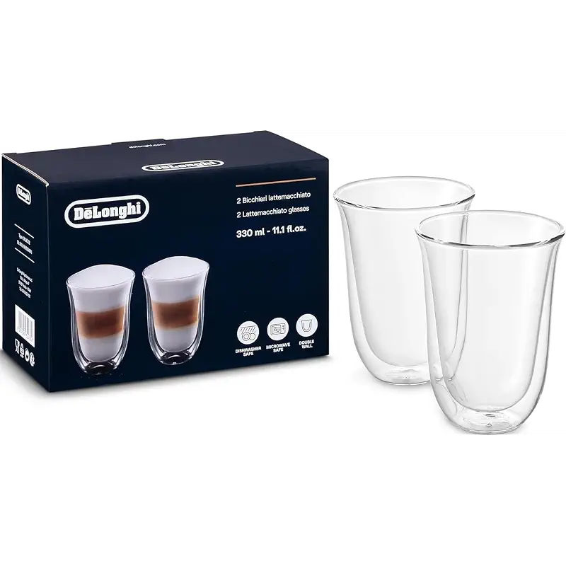 De'Longhi DeLonghi Double Walled Thermo Latte Glasses, Set of 2, 2 Count (Pack of 1), Clear, 330 milliliters