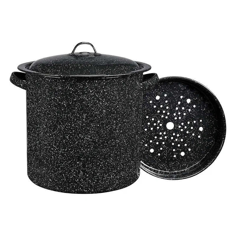 Granite Ware 15.5 Qt Steamer Pot with Rack - Black, Set of 3 | Porcelain on Steel Cookware for Tamales, Seafood, Corn, Pasta & Vegetables, Even Heat Distribution, Nonreactive Surface