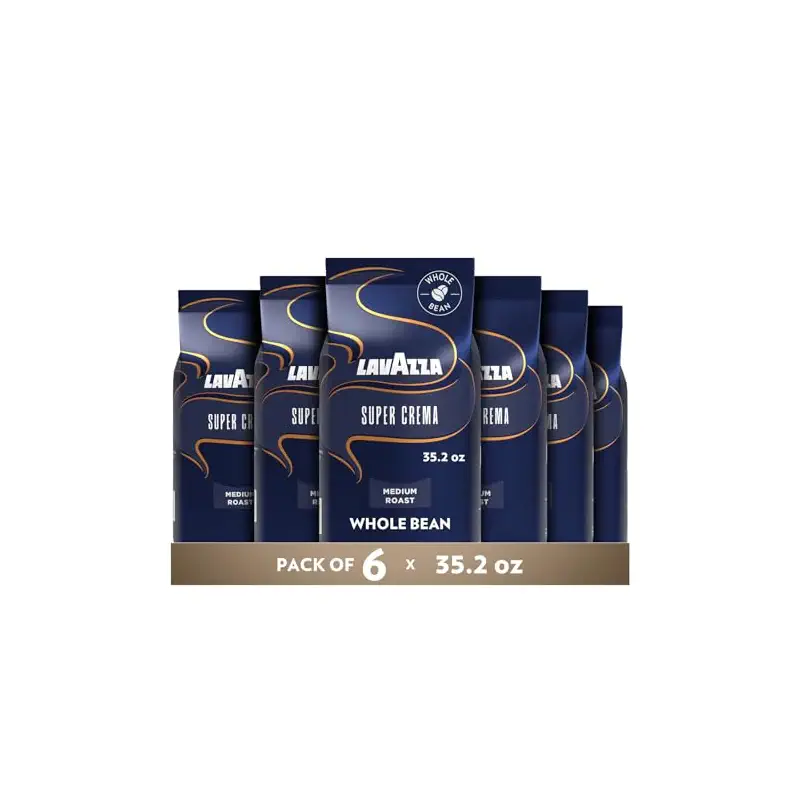 Lavazza Super Crema Whole Bean Coffee, Medium Espresso Roast, Arabica and Robusta Blend, 2.2 lb Bag, Package May Vary (Pack of 6)