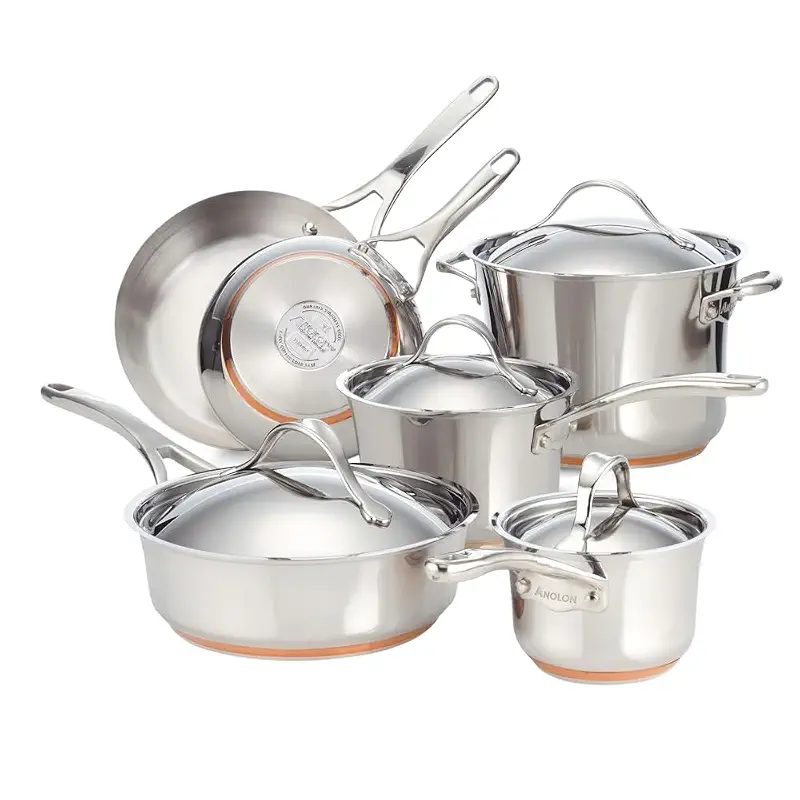 Anolon Nouvelle Stainless Steel Cookware Pots and Pans Set, 10 Piece | Stainless Steel Cookware Set with Lids, Oven Safe to 500°F, Durable Everyday Cooking, Dishwasher Safe