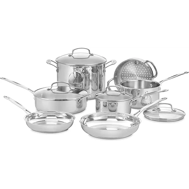 Cuisinart Chef’s Classic 11-Piece Stainless Steel Pots and Pans Set, Cookware Set Compatible with Induction, Electric, Gas Cooktops, Aluminum Core for Even Heat, Cool Grip Handles, Dishwasher Safe | Cuisinart stainless steel cookware set, dishwasher safe, oven safe to 500°F & gas/electric/induction compatible, 77-11G