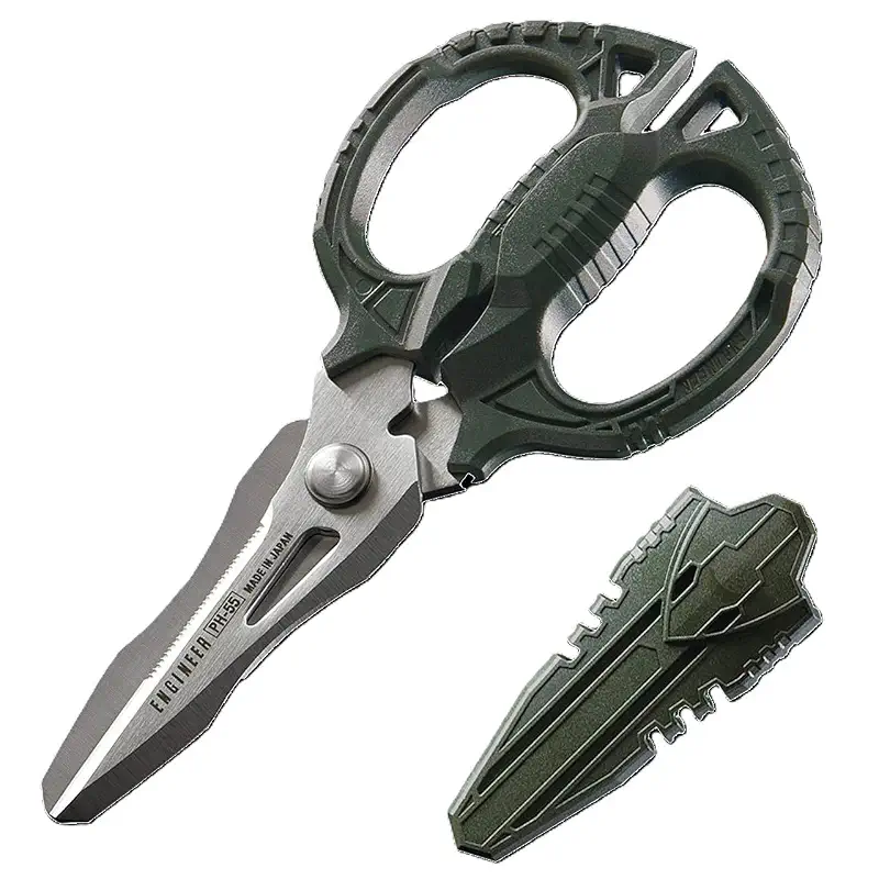 ENGINEER PH-55 6.3" Multipurpose Scissors, 4-in-1 Blades, Made in Japan | Micro-serration blade, Heavy Duty Shears, Cuts Carpet, Leather, Copper Wire, Insulated Cable, Cords & Rope, Stainless Steel