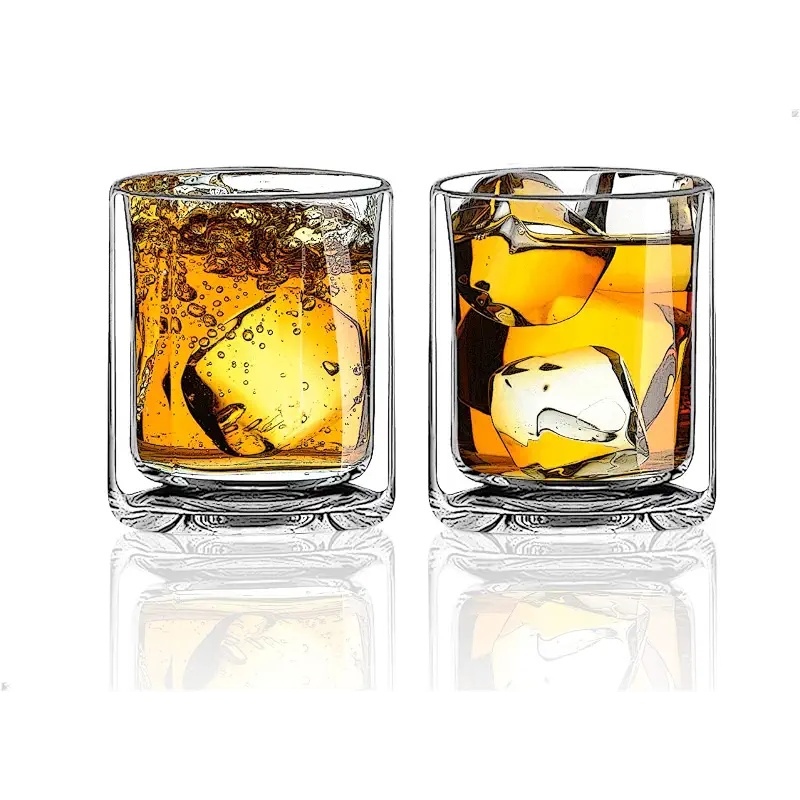 Sun's Tea Double Walled Drinking Glass, Manhattan-Style Glass for Hot and Cold Liquids, Whiskey, Bourbon, Vodka, and Scotch Borosilicate Clear Glass, Set of 2