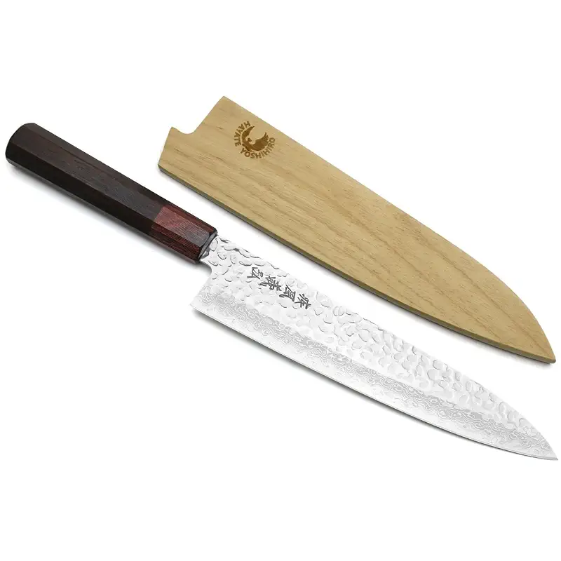 Yoshihiro VG10 46 Layers Hammered Damascus Gyuto Japanese Chefs Knife (Octagonal Shitan Rosewood Handle) (8.25" (210mm))