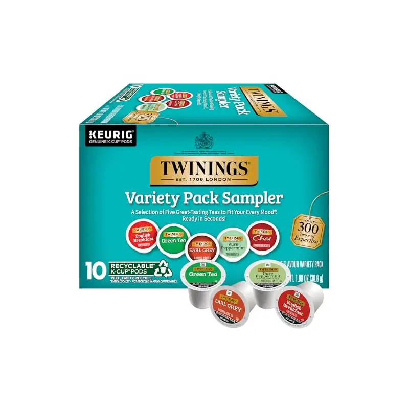 Twinings K-Cup Pods Variety Pack, Includes English Breakfast, Earl Grey, Chai, Green, and Peppermint for Keurig and Single Cup Brewers, 10 Count (Pack of 1), Enjoy Hot or Iced