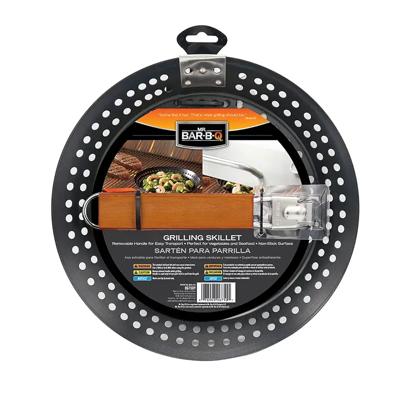 12" Non-Stick Grilling Skillet with Removable Handle - Large Grill Pan & Deep Fryer Strainer Basket for Seafood & Vegetables - Indoor & Outdoor BBQ Grill & Restaurant Use by Mr. Bar-B-Q 06750X