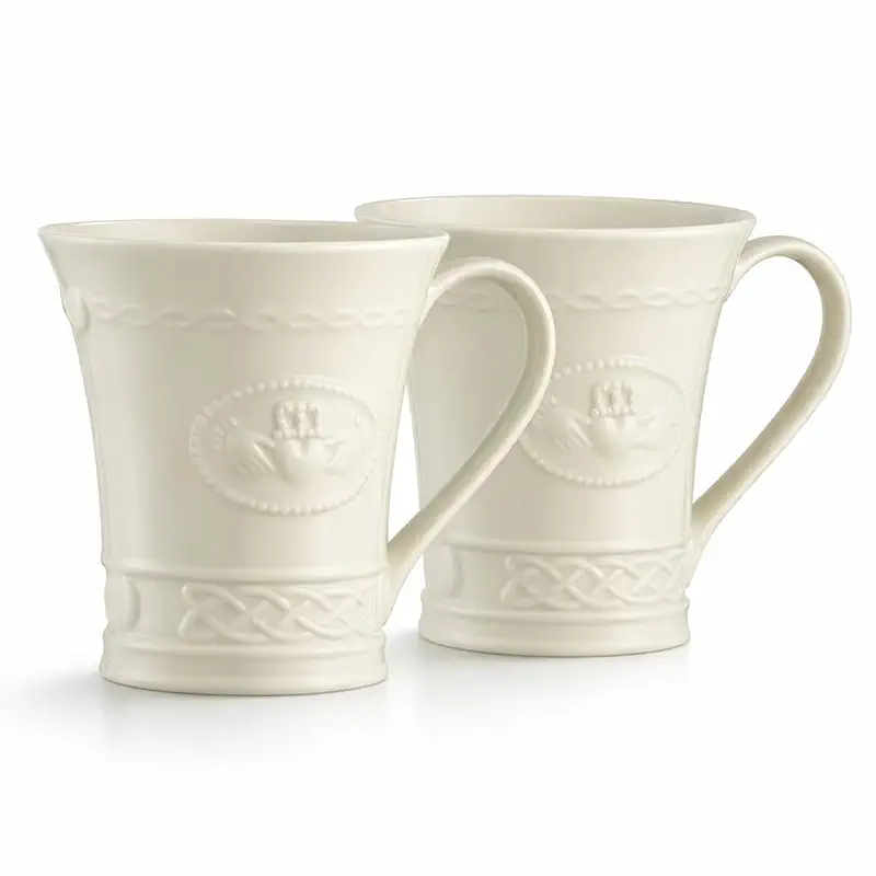 Belleek Classic Claddagh 10 oz Irish Coffee Mug Set, Handcrafted Parian China Ceramic Cups, Irish Symbol Design, Set of 2, White