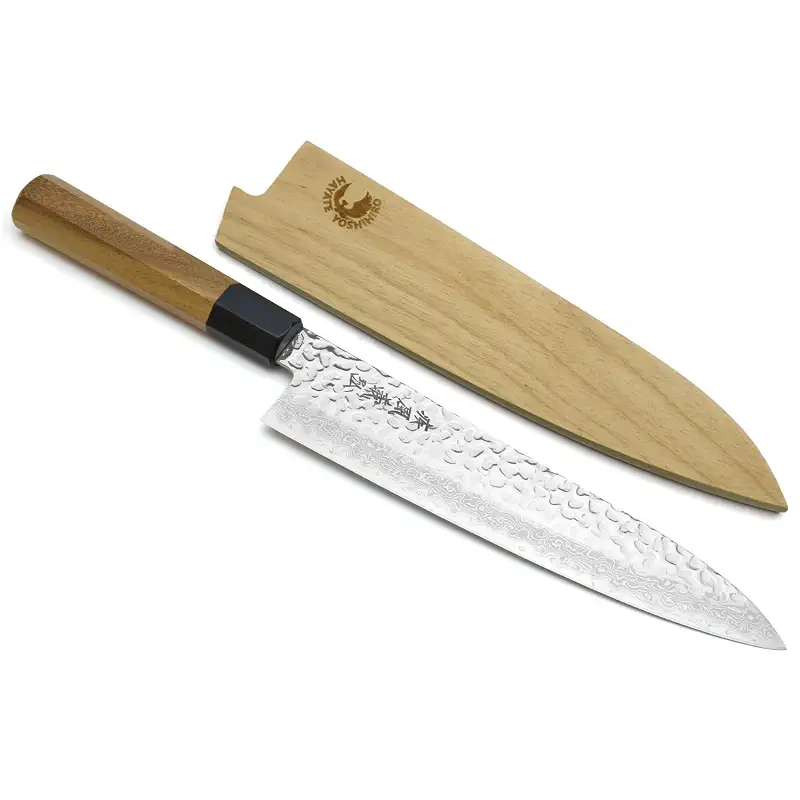 Yoshihiro VG10 46 Layers Hammered Damascus Gyuto Japanese Chefs Knife (Octagonal Ambrosia Handle) (8.25" (210mm)