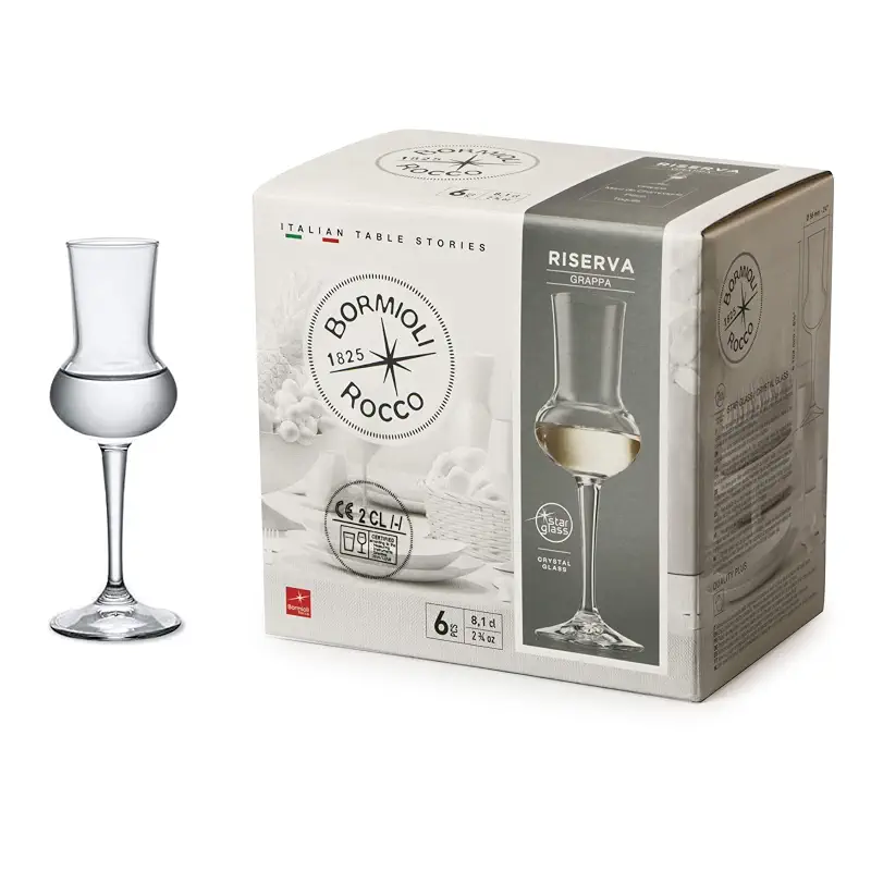 Bormioli Rocco Riserva Grappa Glasses, 2.75 Oz - Clear, Set of 6 | Lead-Free Crystal Glass Tulip Cups, Aroma Showcasing Design for Water, Juice, Wine & Distilled Spirits, Dishwasher Safe