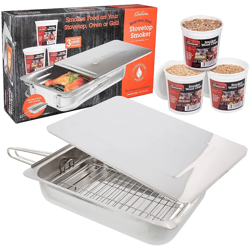Camerons Original Stovetop Smoker, Oak, Apple, Hickory Wood Chips & Recipes | Stainless Steel Barbecue Smoker Box Use Indoor Outdoor on Any Heat for Smoking Meat, Veggies & Seafood, Grilling Gift for Men