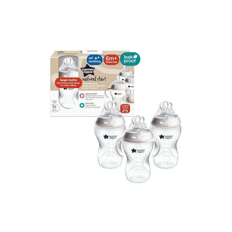 Tommee Tippee Natural Start Baby Bottles, Thicker Feed, 6m+, 11oz | Pack of 3, Breast-Like Nipple for a Natural Latch, Clear, BPA Free