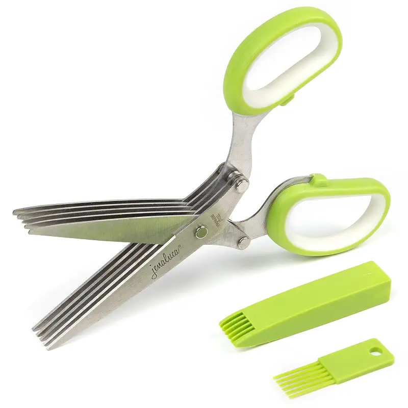 Jenaluca 5-Blade Herb Scissors, Stainless Steel Kitchen Shears, Green | Cut & chop fresh herbs & leafy greens efficiently. Perfect salad scissors. Includes cleaning comb & safety cover.