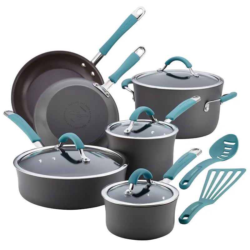 Rachael Ray Cucina Dishwasher-Safe Hard-Anodized Pots and Pans Set Non Stick Cookware, 12 Piece, Gray with Agave Blue Handles