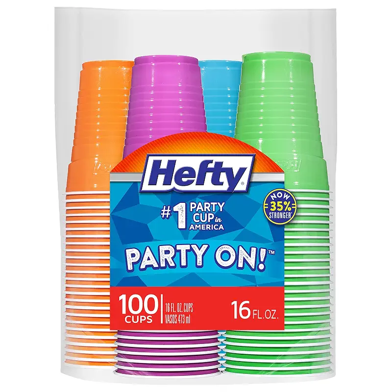 Hefty Party On Disposable Plastic Cups, Assorted, 16 Ounce, 100 Count | Bulk Pack, Disposable Plastic Cups for Parties, 4 Fun Colors, Easy-to-Grip Design, Ideal for Large Tailgates, BBQs, Birthdays