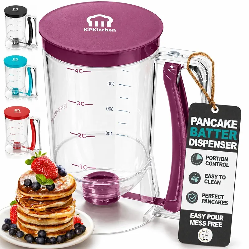 Pancake Batter Dispenser, Squeeze Handle for Pancakes, Waffles & Cupcakes | Griddle Use, Cake, Crepe and Muffin Batter, Measuring Marks, Easy Portion Control, Mess-Free Pouring, 4-Cup Capacity, Purple.