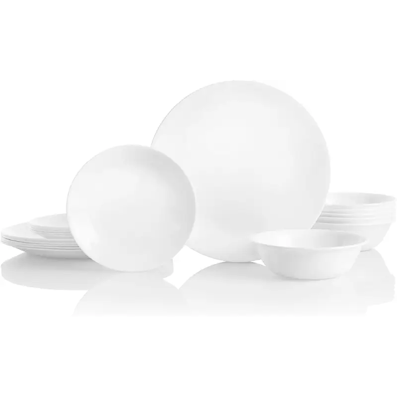 Corelle Vitrelle 18-Piece Service for 6 Dinnerware Set Triple Layer Glass and Chip Resistant, Lightweight Round Plates and Bowls Set, Winter Frost White