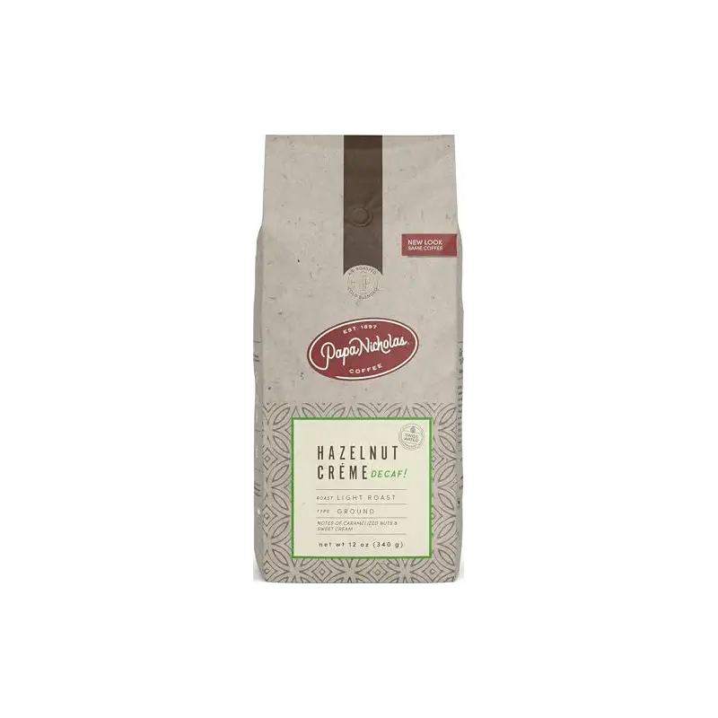 PapaNicholas Coffee Ground Coffee, Decaffeinated Hazelnut Crème | 12 Ounce | Swiss Water Process | Flavored Light Roast | 100% Arabica | Full Hazelnut Flavor, No Caffeine