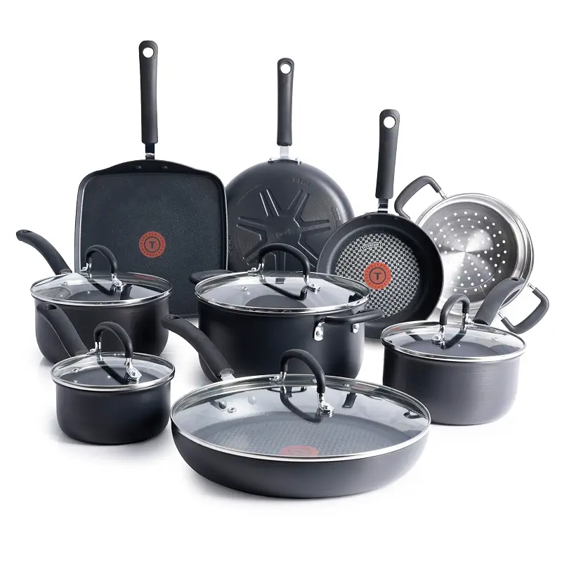 T-fal Ultimate Hard Anodized Nonstick Pots and Pans Set, 14-Piece, Onyx | Titanium nonstick coating, Thermo-Spot heat indicator, Oven safe to 400°F, Dishwasher safe, All stovetops except induction