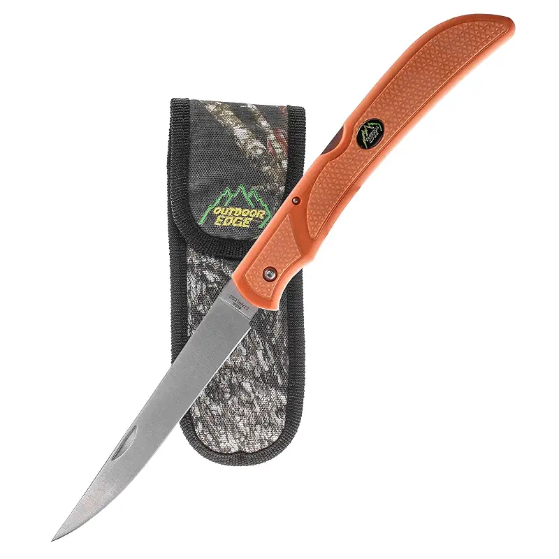 OUTDOOR EDGE Fish & Bone - Folding Fillet Knife with 5.0" 440A Stainless Steel Blade for Fish and Processing Big Game - Pocket Clip