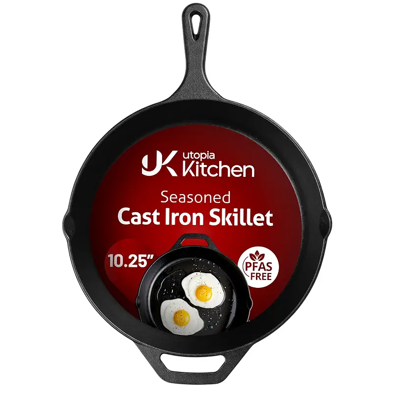 Utopia Kitchen Cast Iron Skillet 10.25 Inch Pre-Seasoned PFAS-Free Black | Chef Pan, Even Heat Distribution, Stovetop, Oven, Campfire and Grill Safe, Large Skillet, Indoor Outdoor Use