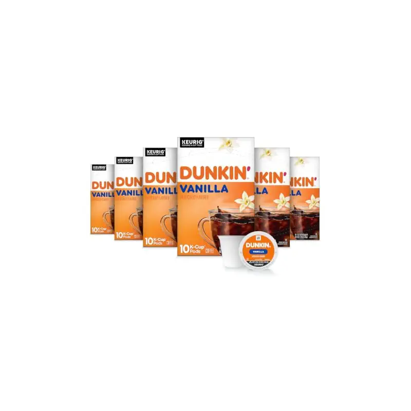 Dunkin’ French Vanilla Artificially Flavored Coffee, 60 Keurig K-Cup Pods | 6 boxes of 10 single serve coffee pods each, Smooth & rich flavor, Made with arabica coffee, Shelf stable, SNAP EBT eligible