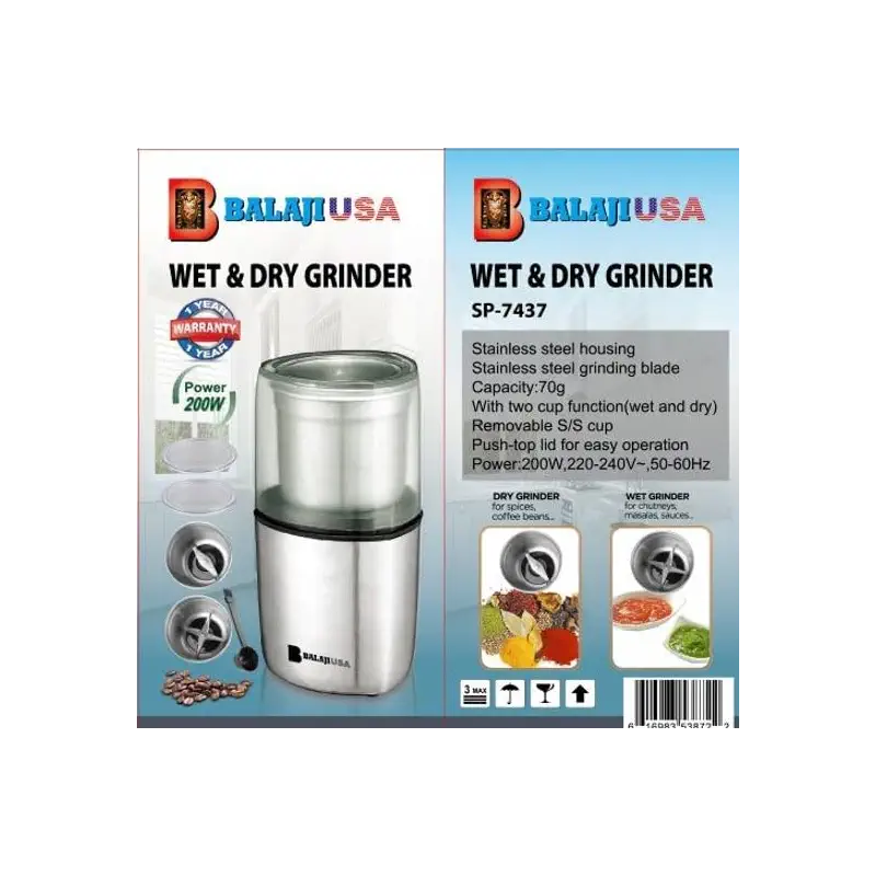 Wet & Dry Grinder 200 w-110v Stainless Steel Electrics Spice Grinder With 2 Stailess Steel Jars Grinds Spices, Coffee,Dry Fruits & Chutneys For USA & CANADA