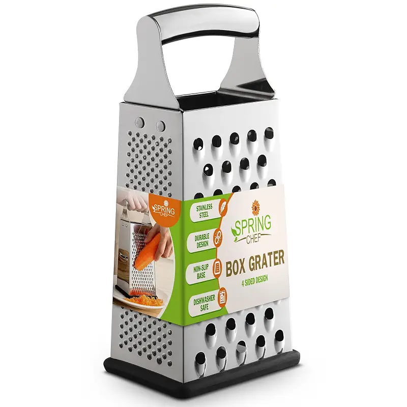 Spring Chef Stainless Steel Cheese Grater, Large Box Grater for Kitchen | 4 Sided Handheld Vegetable Shredder, Kitchen Food Grater for Cheese, Potato, Carrot, Ginger, Veggie, Dishwasher Safe