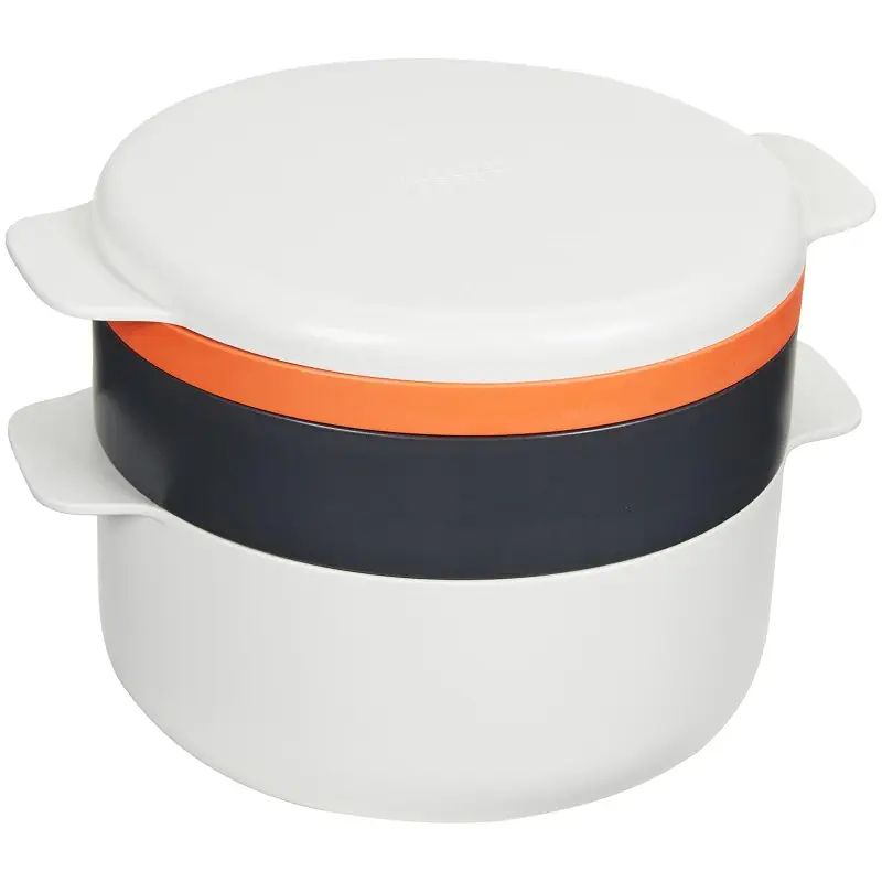 Joseph Joseph M-Cuisine Microwave 4-Piece Stackable Cooking Set, 2 liter cooking pot, steamer, griddle and lid, Orange/Beige