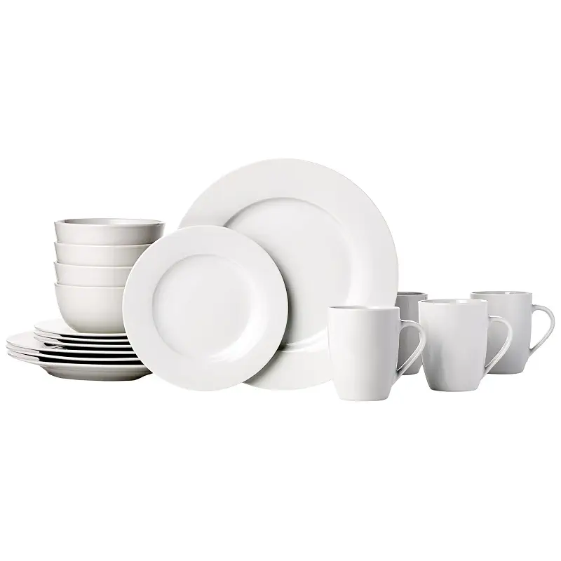 Amazon Basics 16-Piece Porcelain Dinnerware Set, Microwave and Dishwasher Safe, Service for 4, Plates, Bowls and Mugs, White