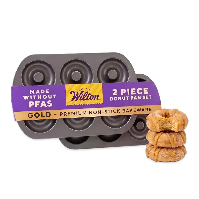 Wilton Gold Non-Stick Donut Pan Set, Made Without PFAS, 2-Piece | Non-Stick Steel with Scratch-Resistant Coating, Resists Warping, Dishwasher Safe, Perfect for Homemade Baked Donuts