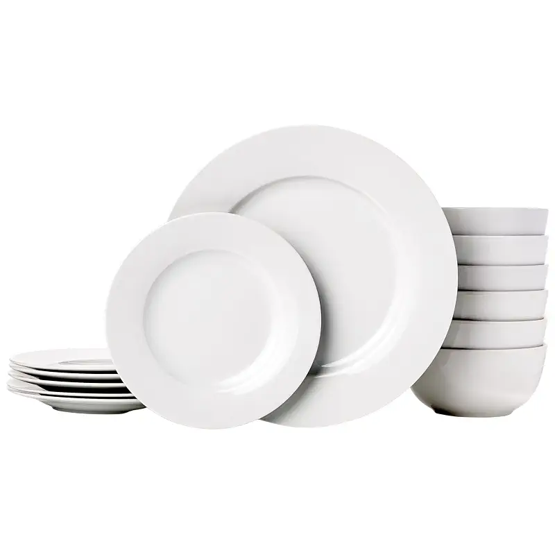 Amazon Basics Porcelain Dinnerware Set, Microwave and Dishwasher Safe, Service for 6, 18-Piece, Plates, Bowls, White