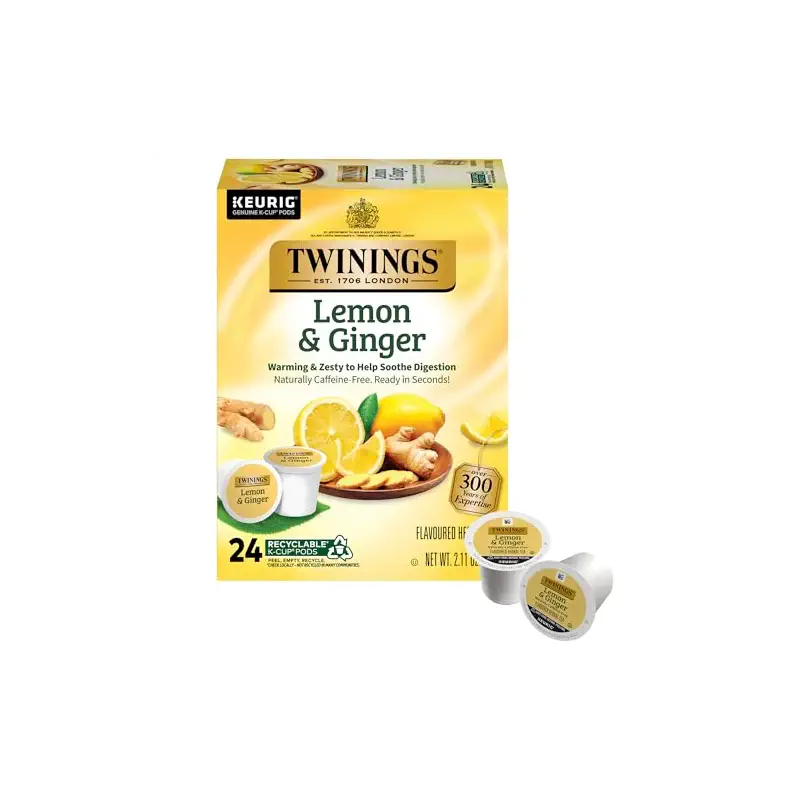 Twinings Lemon & Ginger Herbal Tea K-Cup Pods for Keurig, 24 Count (Pack of 1), Tangy & Spicy, Naturally Caffeine-Free, Enjoy Hot or Iced | Tangy & Spicy, Helps Soothe Digestion, Naturally Caffeine-Free, 24 Keurig Pods for Single Serve Brewers, Enjoy Hot or Iced