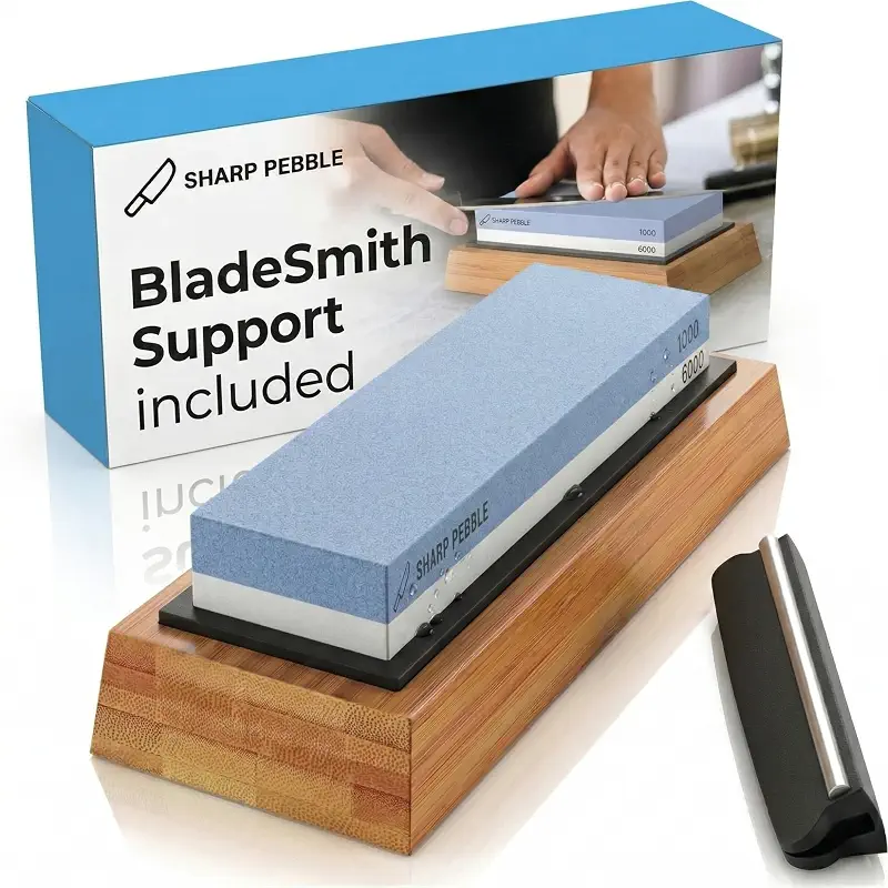 Sharp Pebble Whetstone Knife Sharpener – 1000/6000 Grit Sharpening Stone | Angle Guide for Foolproof Results – Wet Stone Sharpener & Honing Kit with Non-Slip Bamboo Base- Guided Beginner Instructions