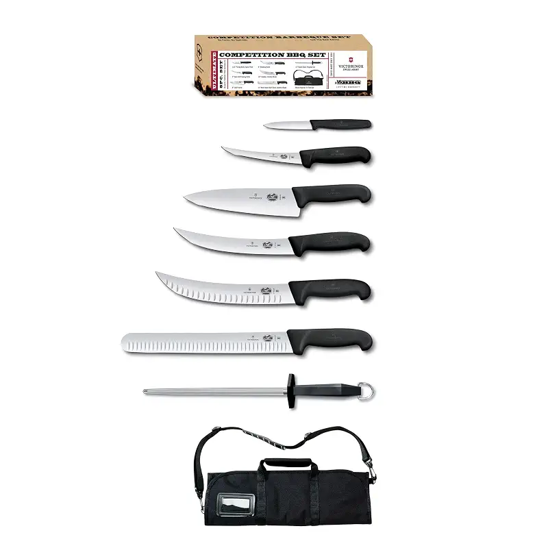 Victorinox Fibrox Pro Ultimate BBQ Set 8-Pieces including Knife Roll, Black | Professional high-carbon stainless steel blades, non-slip ergonomic handles, includes 12 in slicer and sharpening steel.