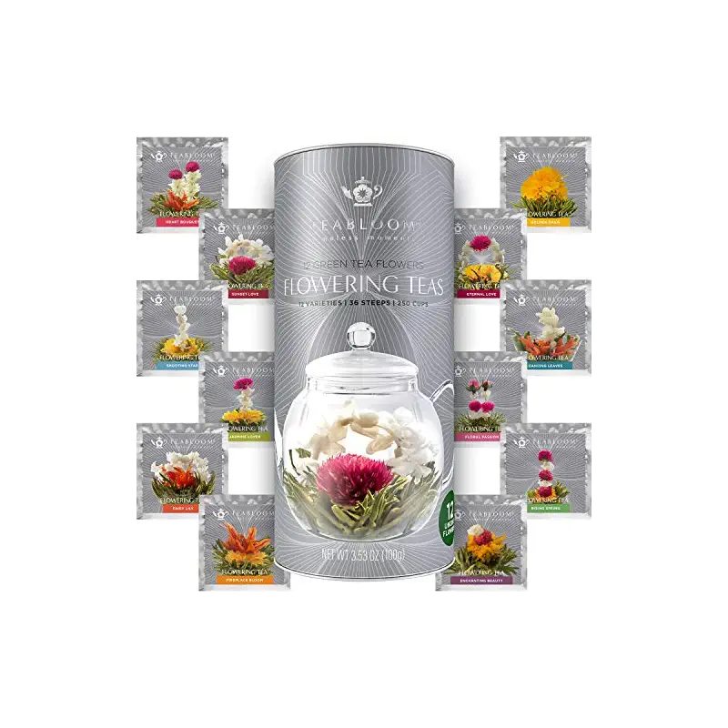 Teabloom Flowering Tea - 12 Unique Varieties of Fresh Blooming Tea Flowers - Hand-Tied Natural Green Tea Leaves & Edible Flowers - 12-Pack Gift Canister - 36 Steeps, Makes 250 Cups