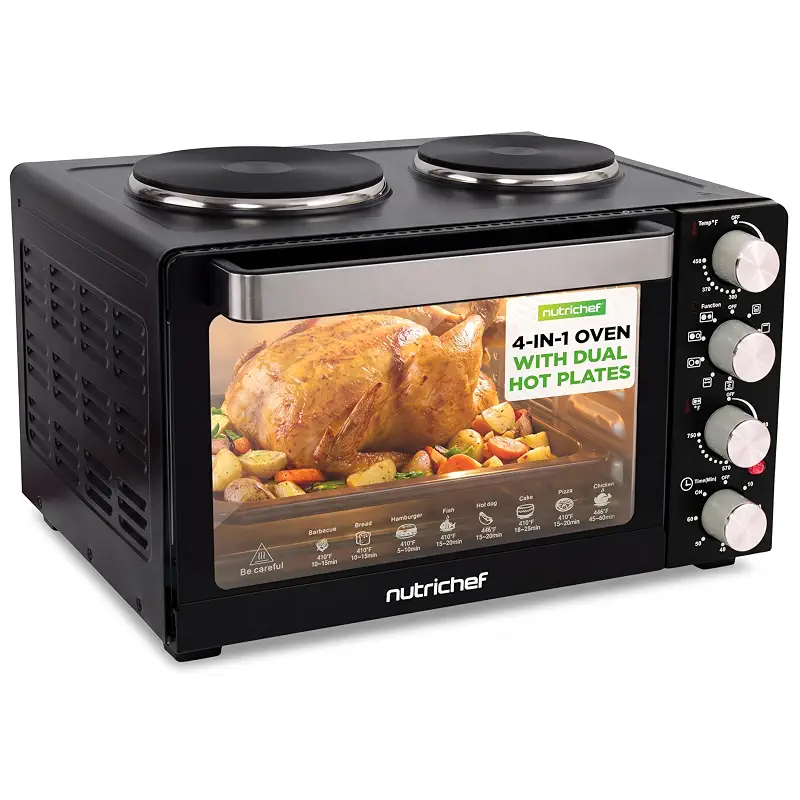 NutriChef 30 Quart Kitchen Convection Oven & 2 Burner Cooker - 1500 Watt Oven - 7 Cook Functions Rotisserie, Cook, Bake, Broil & More - Includes Baking Tray, Skewers & Handles - 19.6 x 16.0 x 13.5 IN