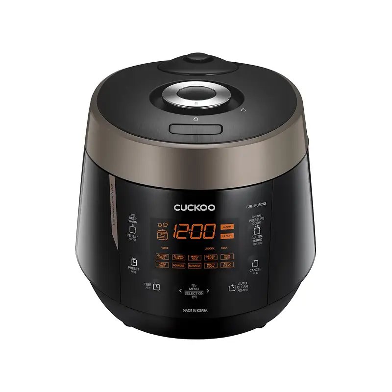 CUCKOO High Pressure Rice Cooker 6-Cup Uncooked / 12-Cup Cooked with Nonstick Inner Pot, Versatile Rice Maker with 12 Menu Options and Steam Plate, Fuzzy Logic Tech, Voice Guide, Black (CRP-P0609S)