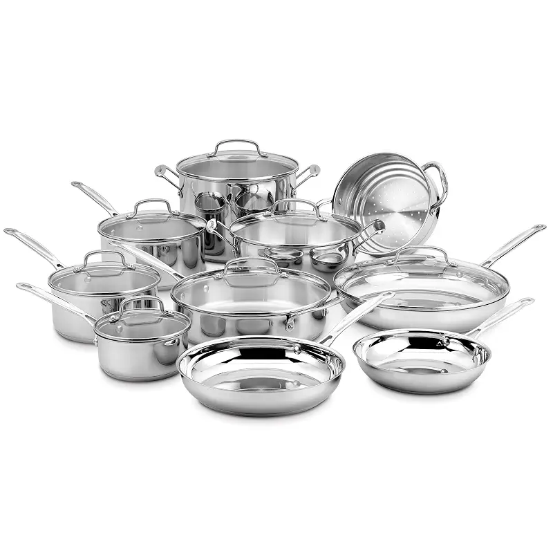 Cuisinart 17-Piece Stainless Steel Cookware Set, Chef's Classic Steel Collection with Pure Aluminum Core for Quick and Even Heat, Cool Grip Handles, Dishwasher Safe, 77-17N | Dishwasher-safe stainless steel pans and pots with riveted handles & aluminum core for even heat, oven safe to 500°F, 77-17N