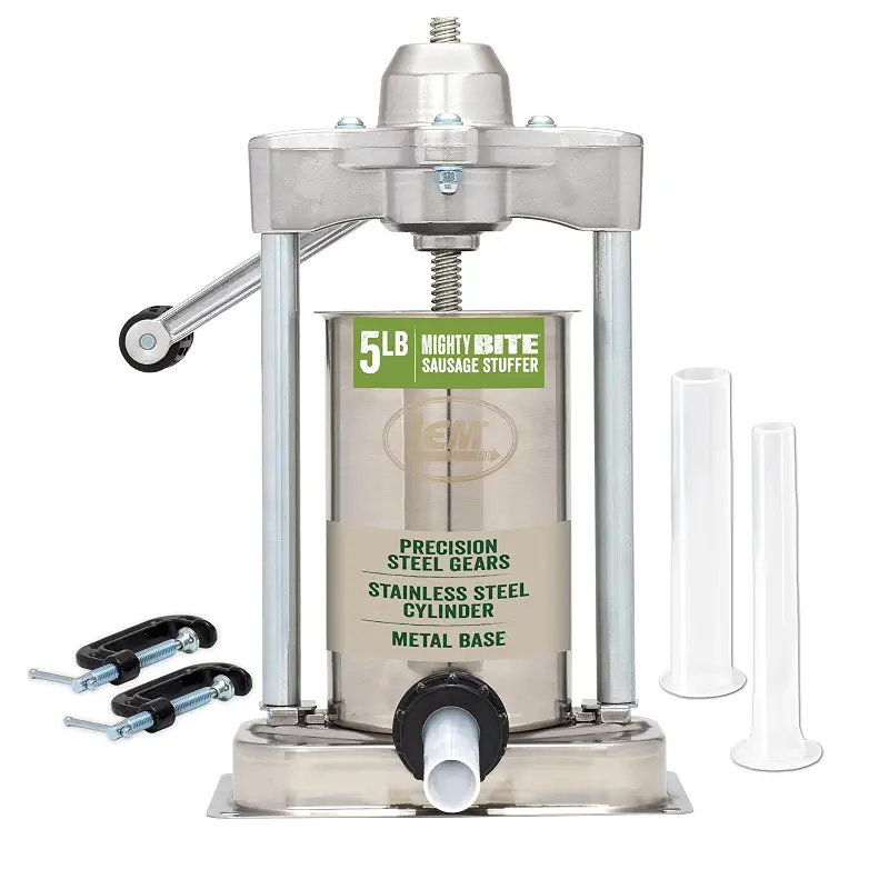 LEM Products MightyBite 5 lb Sausage Stuffer, Professional Design, Stainless Steel, Includes Clamps & Stuffing Tubes, Removable Cylinder, Air-Release Piston, Meat Stuffer Machine for Home Use