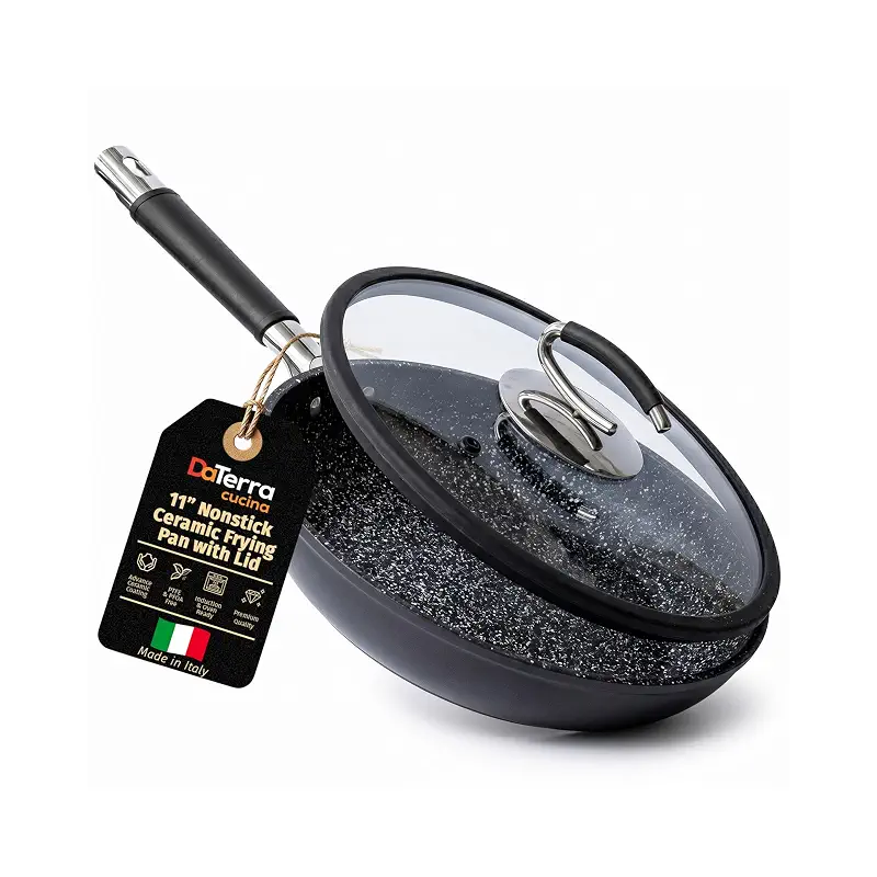 DaTerra Cucina - Nonstick Ceramic Frying Pan with Lid, Made in Italy, 11'' | Italian Crafted Cookware, PFOA and PFAS-Free, Induction Compatible, 450°F Oven Safe, Cool Touch Handle, Easy Cleanup